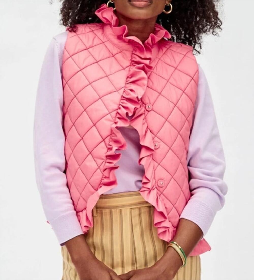 CLARE V Sz XS/S Florence Flamingo Pink Coral Quilted Puffer Ruffle Vest Jacket